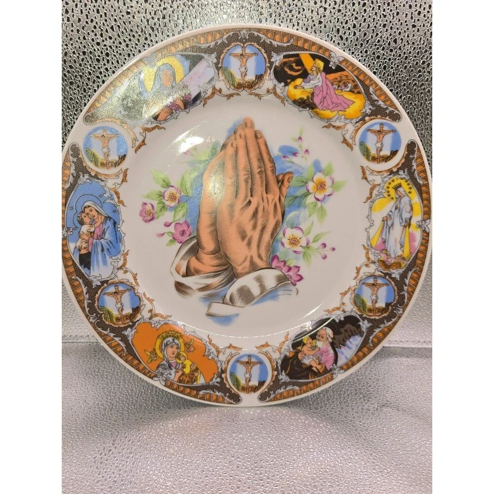 Praying Hands Religous Plate Catholic Made In Japan Mary Jesus porcelain